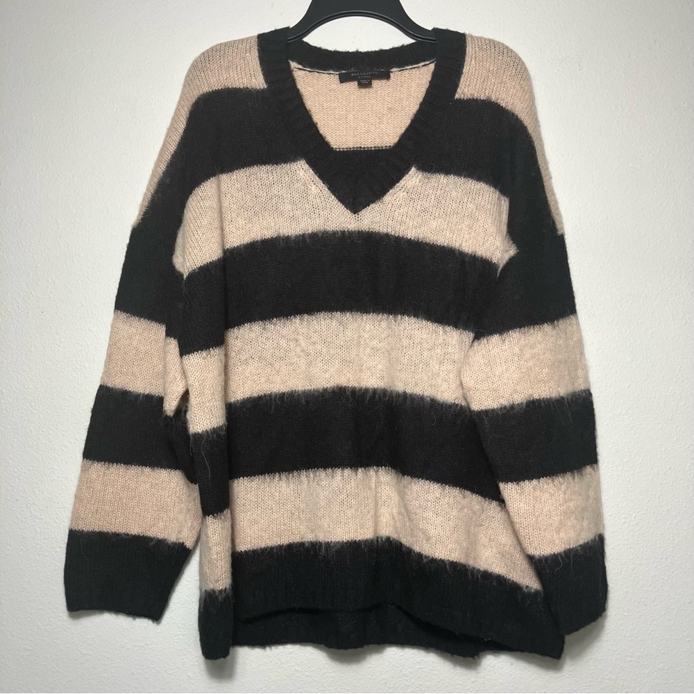 All Saints XS Wool Alpaca Blend Stripe V-Neck Long Sleeve Sweater oversized